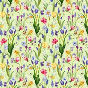 10"   A beautiful springflower garden with daffodils, tulips, violets, pansies, bulbs and Iris on white background- nostalgic Wildflowers and Herbs home decor on white double layer,   Baby Girl and nursery fabric perfect for kidsroom wallpaper, kids ro