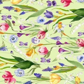 Turned left 21"  A beautiful springflower garden with daffodils, tulips, violets, pansies, bulbs and Iris on white background- nostalgic Wildflowers and Herbs home decor on white double layer,   Baby Girl and nursery fabric perfect for kidsroom wallpaper 