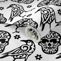 Skull Raven Flower Damask