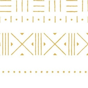 A mud cloth design with big x , lines, dots in clay gold on white 12 in