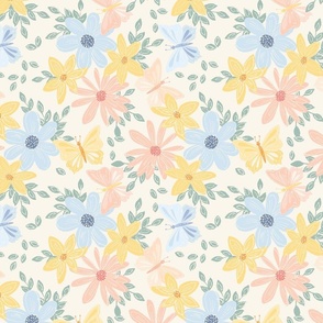 Pastel Florals and Butterflies Cream Medium