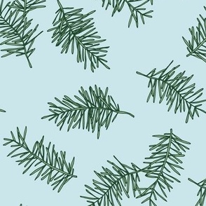 Winter forest branches - pine needles boho christmas garden green on baby blue