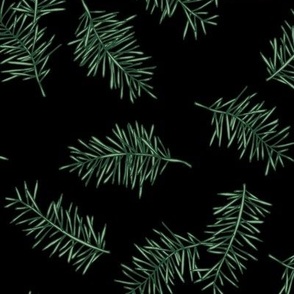 Winter forest branches - pine needles boho christmas garden green on black night