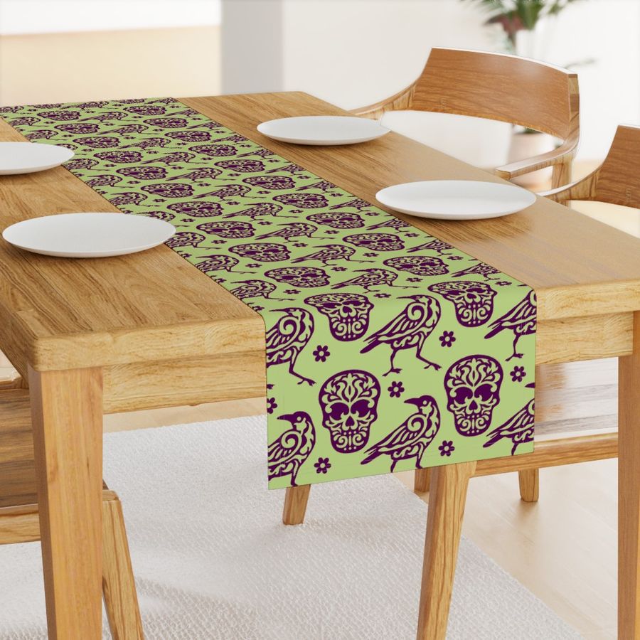 Skull Raven Flower Damask on Green