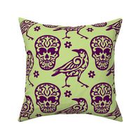 Skull Raven Flower Damask on Green