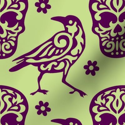 Skull Raven Flower Damask on Green