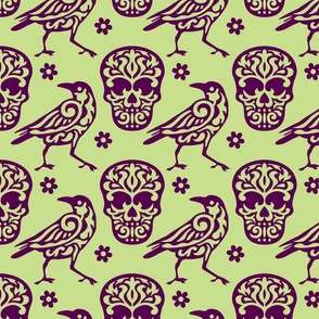 Skull Raven Flower Damask on Green