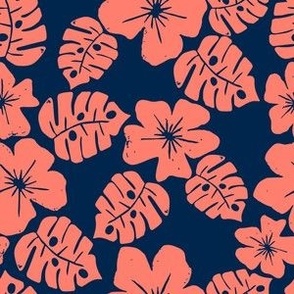 Hibiscus Flowers Peach and Navy blue
