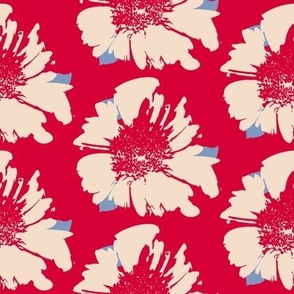 flowers with blue leaves on red background