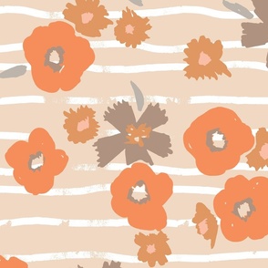 Picnic Season - Fields of Floral - chalky peach  and autumnal oranges - LARGE