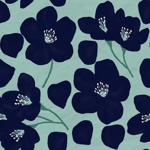 Cherry Blossom Flowers - Mint with navy and green