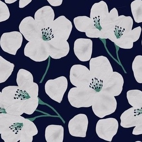 Cherry Blossom Flowers - Navy with white and green