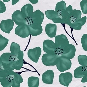 Cherry Blossom Flowers - White with green and navy