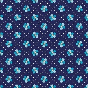 Aqua Doodle Blossoms on Navy Small Scale -mix and match