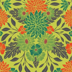 Large-Scale Colorful Lime Green, Orange & Teal Floral