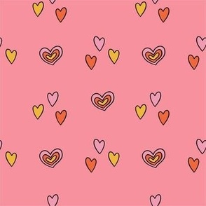 Colorful Hand Drawn Retro Groovy Love Heart Shapes in Pink Background