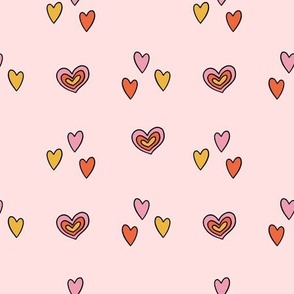 Colorful Hand Drawn Retro Groovy Love Heart Shapes in Light Pink Background