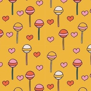 Colorful Hand Drawn Retro Groovy Lollipops  and Love Shape with Orange Background
