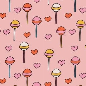 Colorful Hand Drawn Retro Groovy Lollipops  and Love Shape with Peach Background