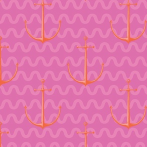 sirena - modern waves and vintage anchor - bubblegum pink and orange - large