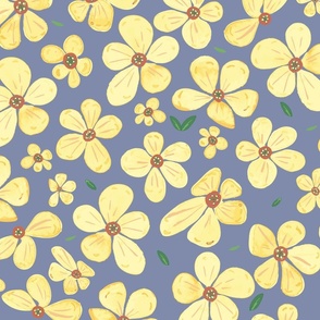 Golden Yellow Flowers - Hand Painted On Warm Dusky Blue.