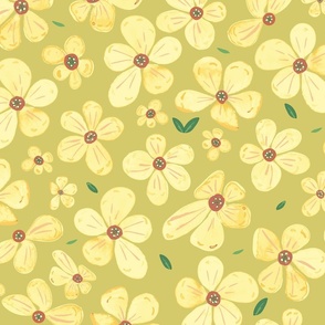 Golden Yellow Flowers - Hand Painted On Chartreuse.
