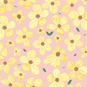 Miniature Dollhouse Wallpaper - Hand Painted Yellow Flowers On Warm Pink.