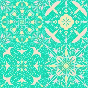 Summer mandala tiles handdrawn in butter yellow, piglet pink on. Turquoise cyan background 12” reoeat