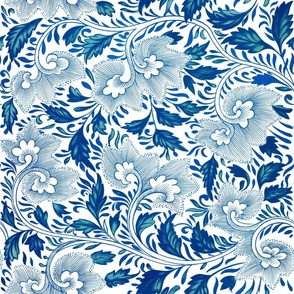 18" Blue and white luxurious restored ornamental hand painted summer wildflower chinoiserie meadow  - home decor,    Baby Girl and nursery fabric perfect for kidsroom wallpaper, kids room, kids home decor