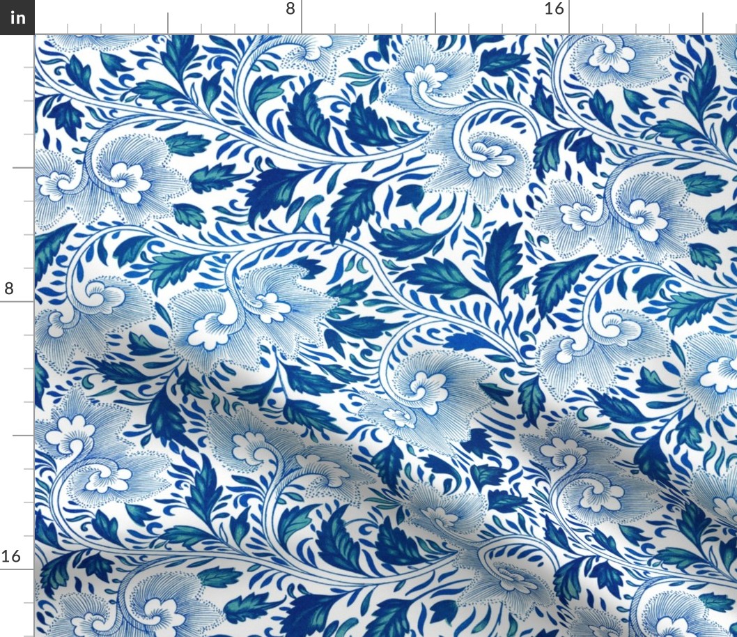 14" Blue and white luxurious restored ornamental hand painted summer wildflower chinoiserie meadow  - home decor,    Baby Girl and nursery fabric perfect for kidsroom wallpaper, kids room, kids home decor