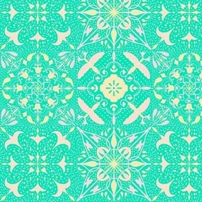 Summer mandala tiles handdrawn in butter yellow, piglet pink on. Turquoise cyan background 6” repeat 