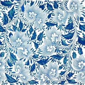 Turned left 18" Blue and white luxurious restored ornamental hand painted summer wildflower chinoiserie meadow  - home decor,    Baby Girl and nursery fabric perfect for kidsroom wallpaper, kids room, kids home decor