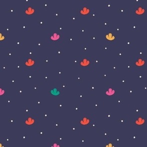 Small scale / Tiny ditsy flowers and little polka dots / bright pink red yellow green florals on navy blue dark moody ceiling minimal night sky background