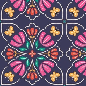 Small scale / Mandala florals and butterflies on navy / multicolored symmetrical folk art flowers in pink red green with decorative yellow butterfly on dark navy blue background