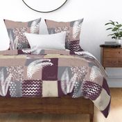 Retro Bohemian Patchwork muted neutrals, earth tones, grey and purple - large scale