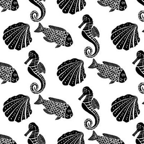 Fish Seahorse Sea Shells Black White || aquatic sea life block print