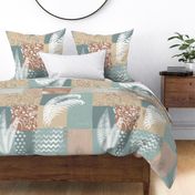Retro Bohemian Patchwork muted neutrals, beige, earth tones and teal - large scale