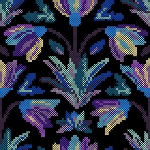Psychedelic flowers cross stitch vivid blue and purple on black background - large scale