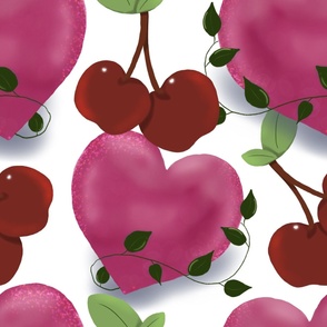 Whimsical Valentines Day Hearts and Cherry , White Background