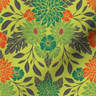 Small-Scale Colorful Lime Green, Orange & Teal Floral