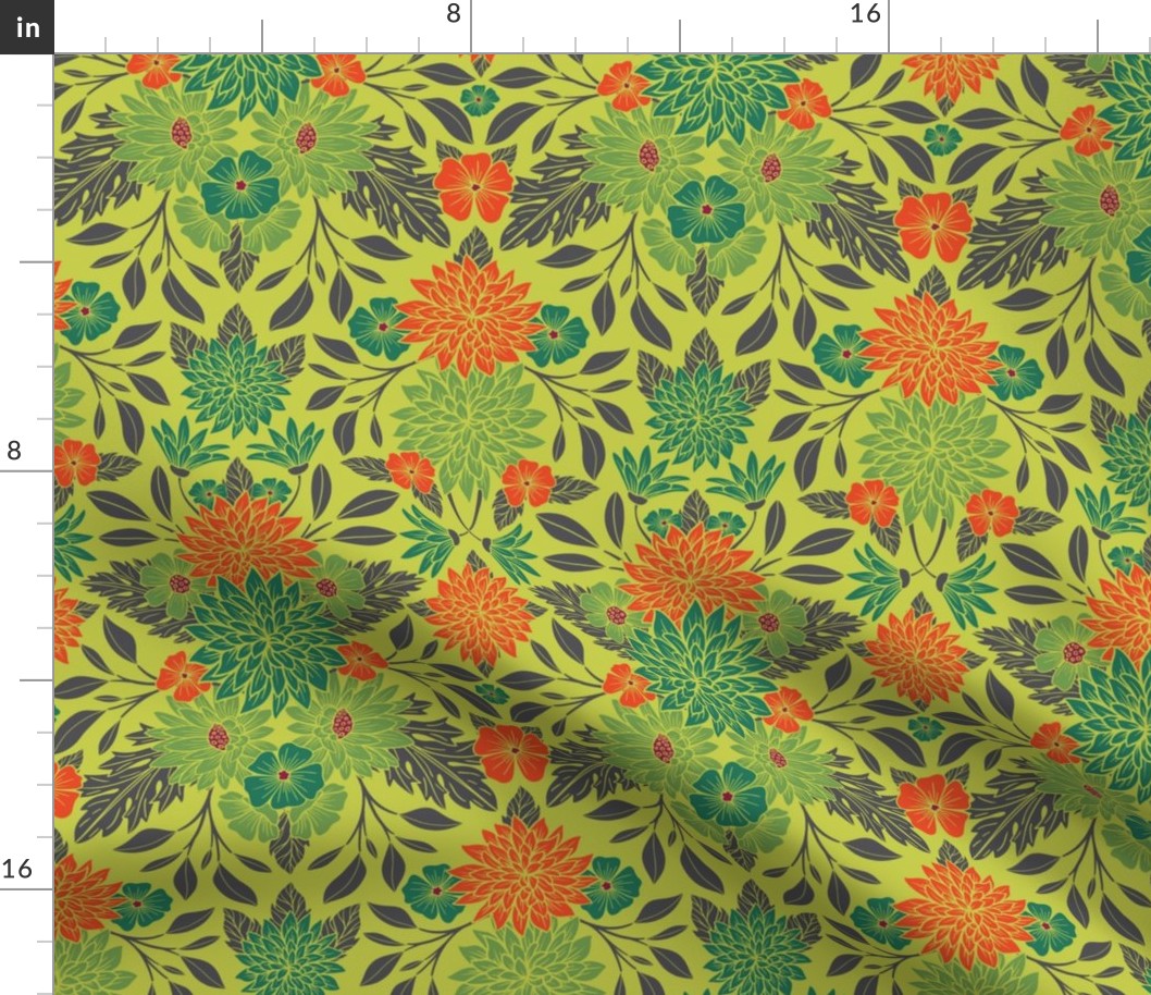 Small-Scale Colorful Lime Green, Orange & Teal Floral