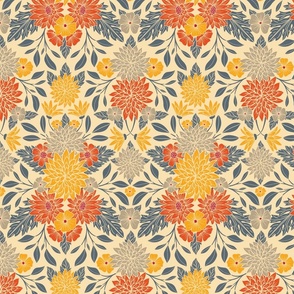 Small-Scale Warm Yellow, Orange & Blue Floral