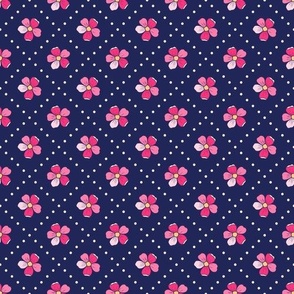 Pink Doodle Blossoms on Navy - small scale - mix and match