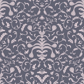 Intricate modern baroque villa wallpaper - two colors grayish blue and blush pink - large scale