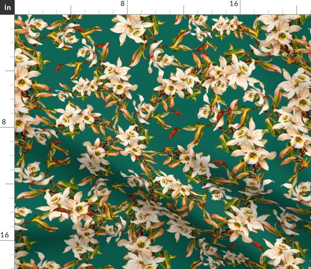 Bright vintage  flowers on green jade   / Large scale