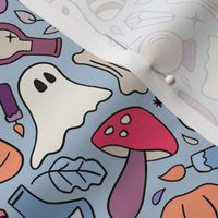 Cartoon halloween doodles on blue- magical hand-drawn cute halloween pattern