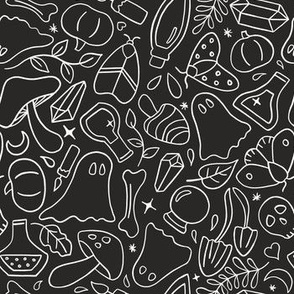 Cartoon halloween doodles monochrome black - magical hand-drawn cute halloween pattern