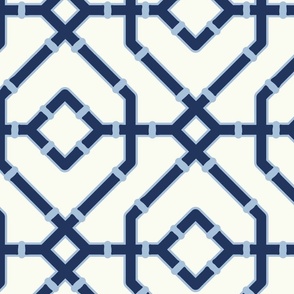Chinoiserie bamboo trellis - pastel comforts coordinate - navy blue and sky blue on soft white - extra large