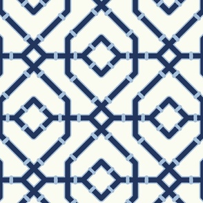 Chinoiserie bamboo trellis - pastel comforts coordinate - navy blue and sky blue on soft white - large