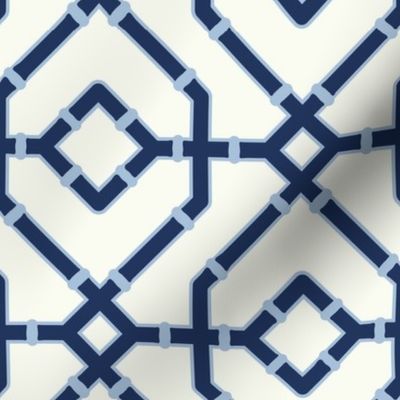 Chinoiserie bamboo trellis - pastel comforts coordinate - navy blue and sky blue on soft white - medium